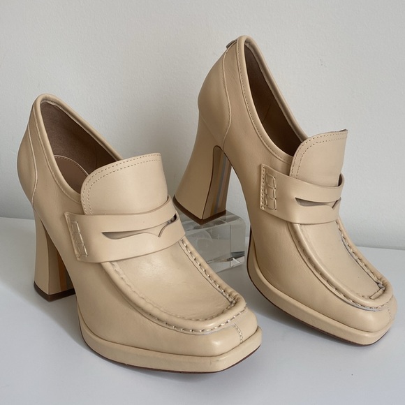 Sam Edelman Women's Jeanette Block Heel Leather Loafer Pumps Size 9 Cream Color - Picture 2 of 14